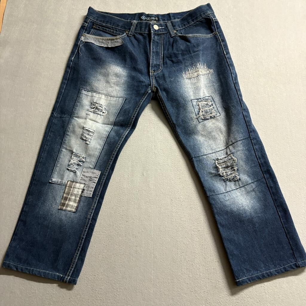 Street Rules Mens Jeans 36x32 Distressed Patchwork Denim Hip Hop Streetwear Blue