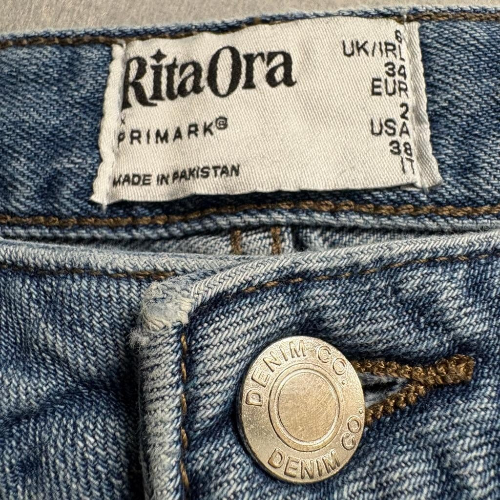 Primark Rita Ora Cargo Jeans Womens Size 2 Blue Denim Wide Leg High Rise 100%