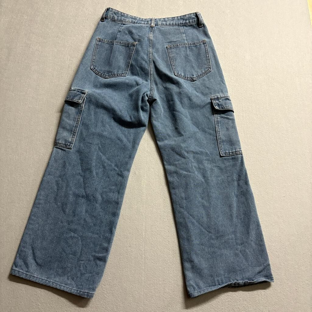 Cider Cargo Jeans Womens Small Blue Denim Wide Leg High Rise Utility Pockets