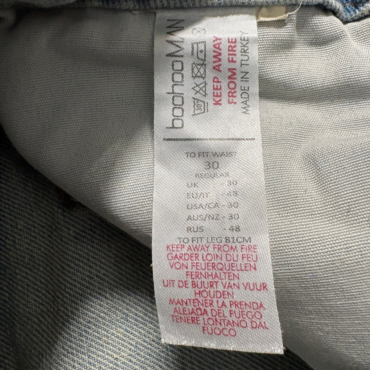 BoohooMAN Mens Jeans 30R Light Wash Blue Denim Button Fly Straight Leg Cotton