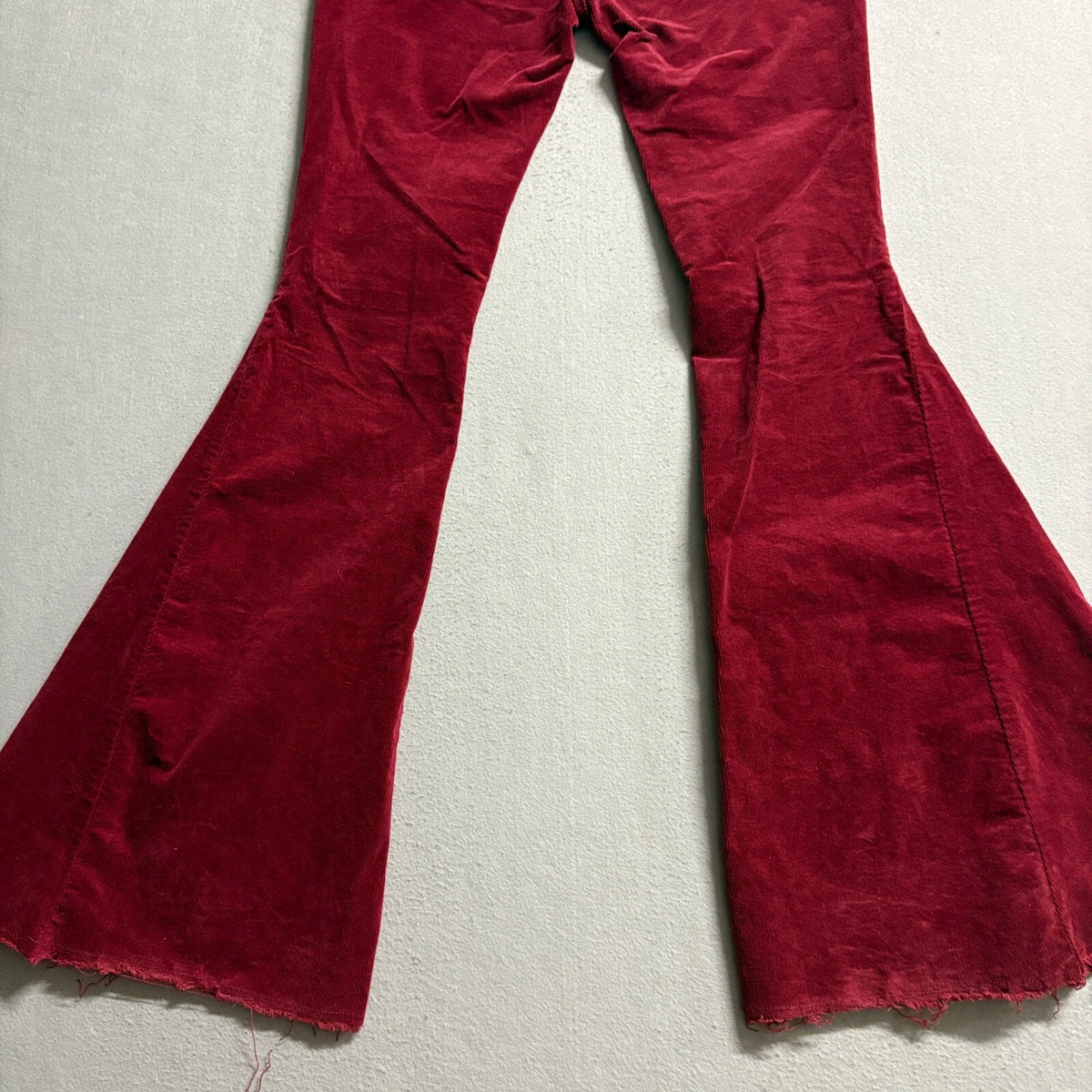 Saints & Hearts Corduroy Flare Pants Large Red Raw Hem High Rise Stretch Bell