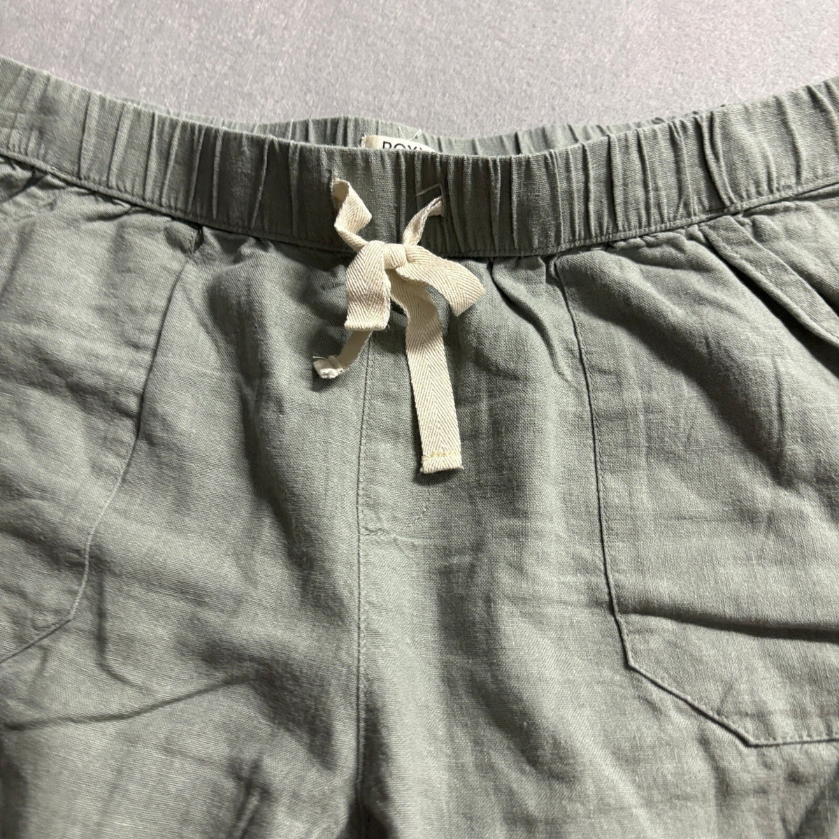 Roxy Linen Blend Pants Womens Large Green Drawstring Elastic Waist Roll Tab Hem