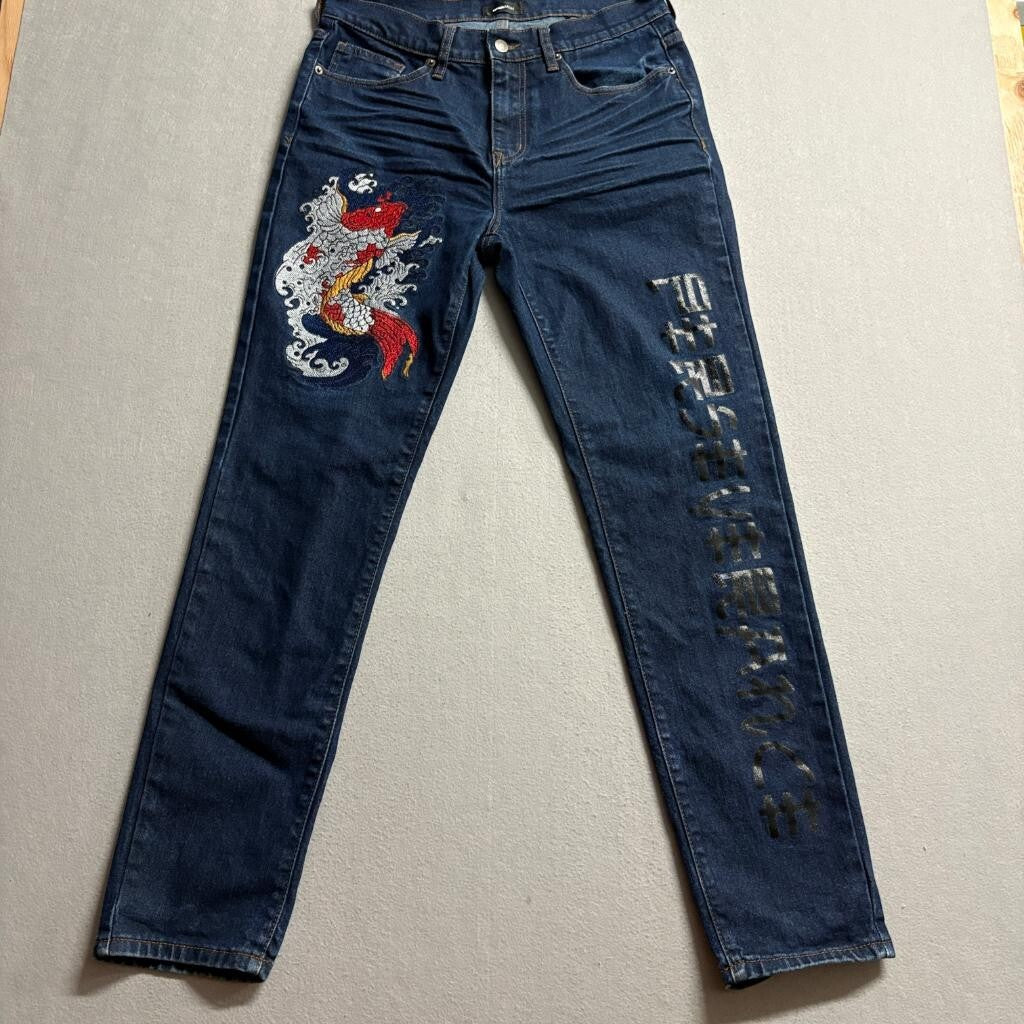 Fashion Nova Men Koi Fish Embroidered Jeans Size 32 Dark Wash Japanese Wave