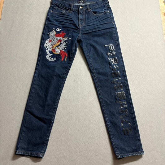 Fashion Nova Men Koi Fish Embroidered Jeans Size 32 Dark Wash Japanese Wave