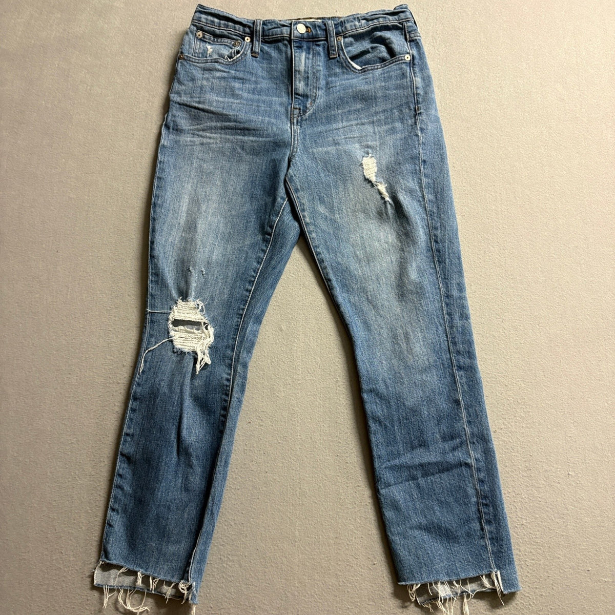 Madewell The High-Rise Slim Boyjean Jeans Womens 27 Blue Distressed Raw Hem