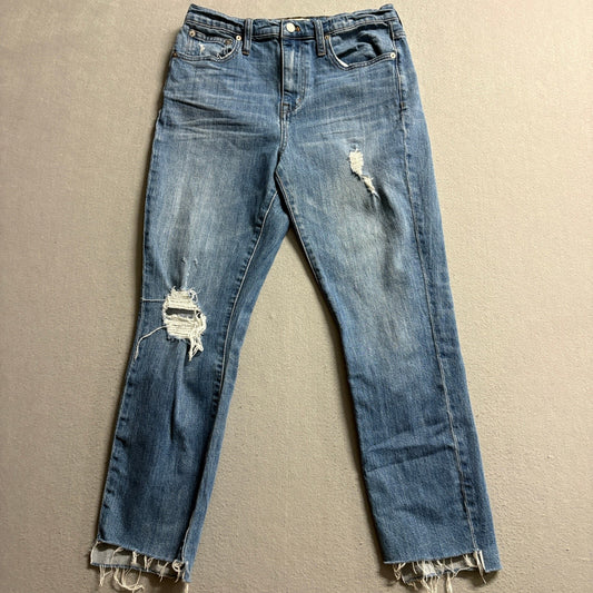 Madewell The High-Rise Slim Boyjean Jeans Womens 27 Blue Distressed Raw Hem