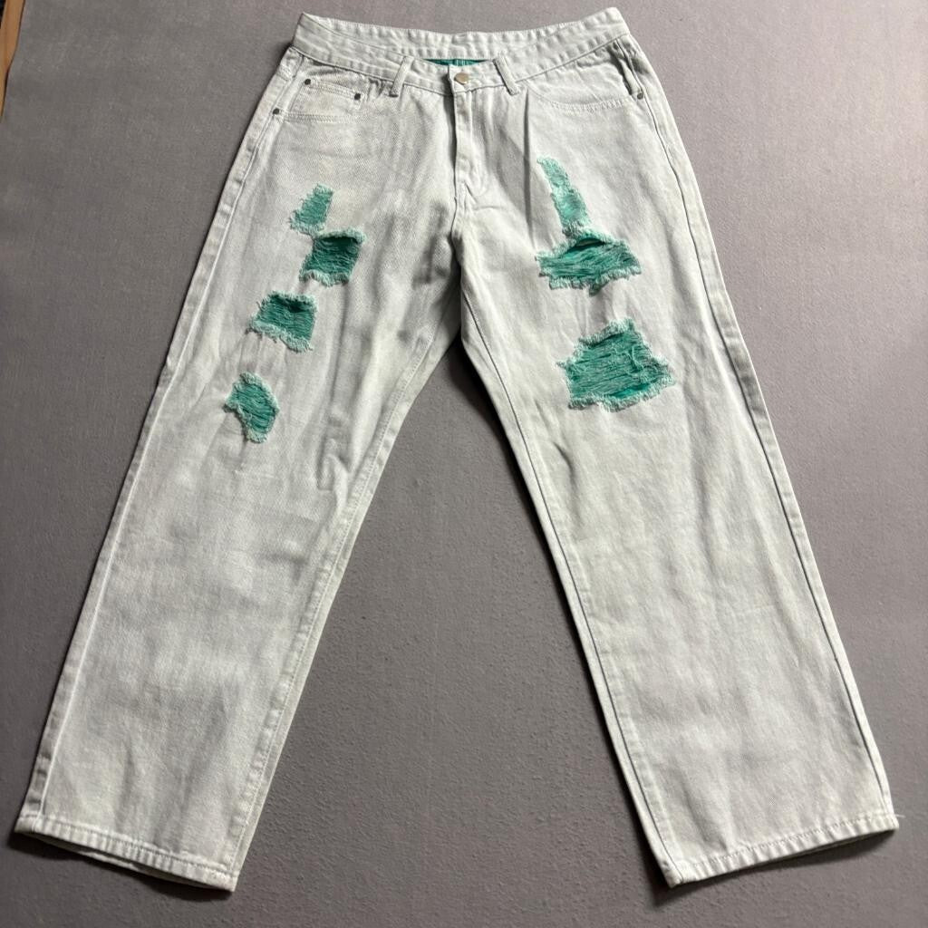 Shein Distressed Jeans Womens Medium Light Wash Green Underlay Ripped Wide Leg
