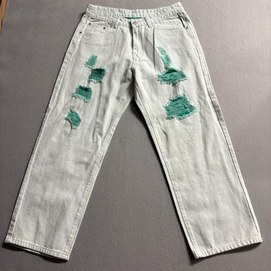 Shein Distressed Jeans Womens Medium Light Wash Green Underlay Ripped Wide Leg