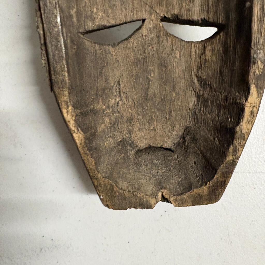Vintage Hand Carved Wooden Horned Mask Folk Art Tribal Style Fur Accents 8 Inch