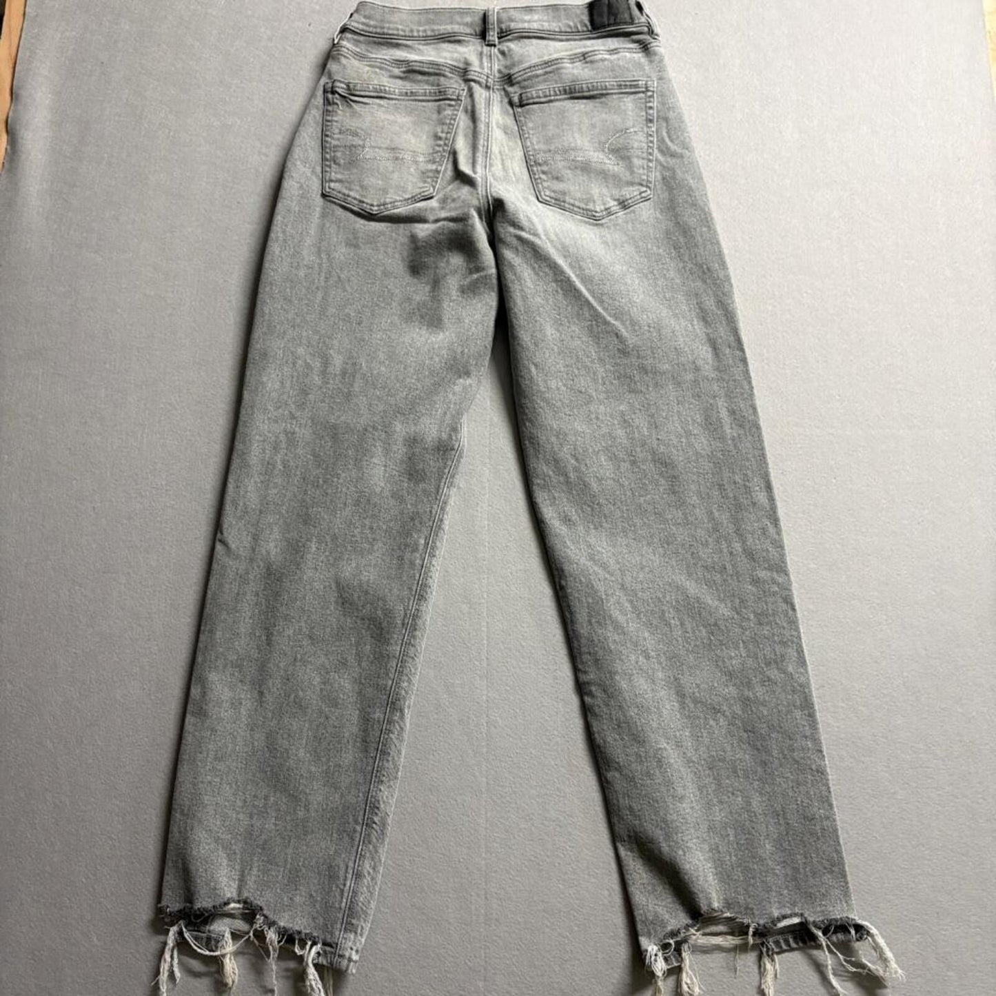American Eagle Super High Rise Straight Jeans Womens 6 Gray Rhinestone Raw Hem