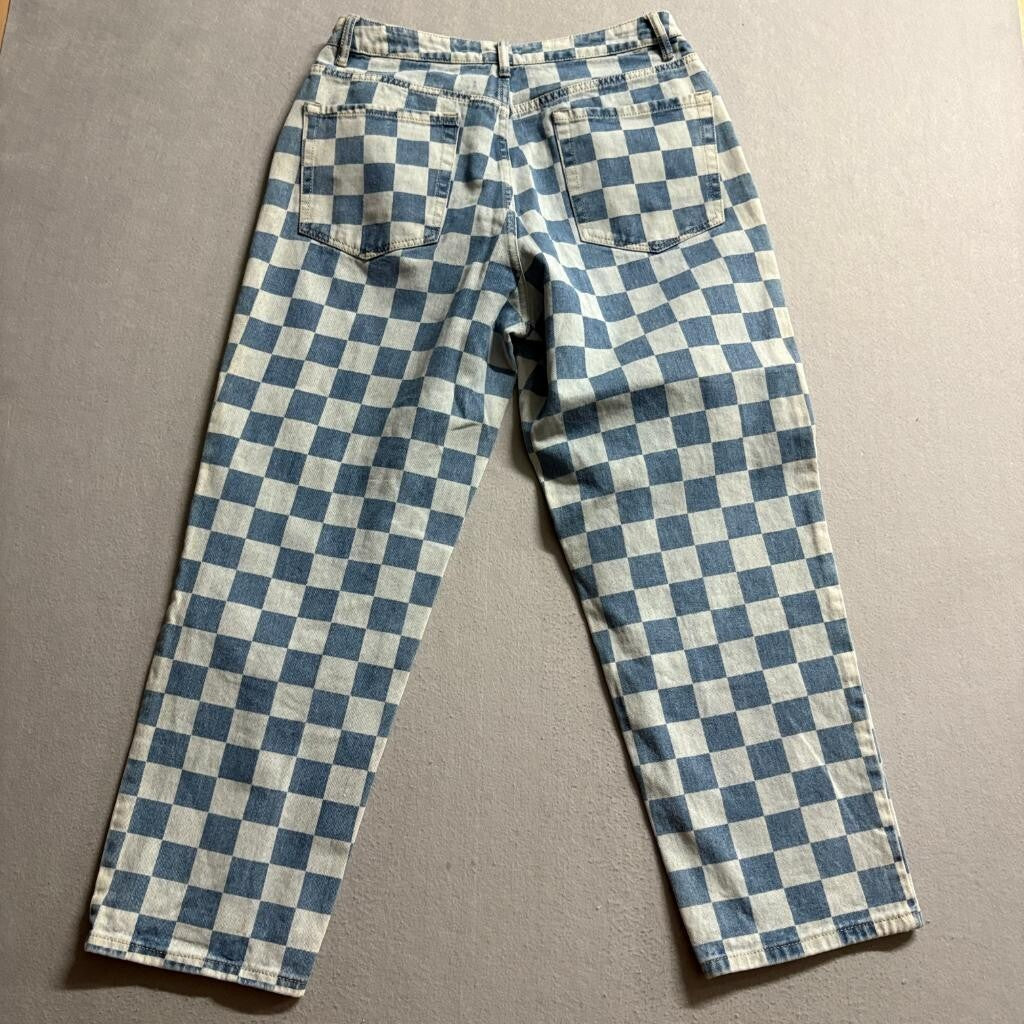 Forever 21 Checkered Jeans Womens 30 Blue White Checkerboard Straight Leg Denim
