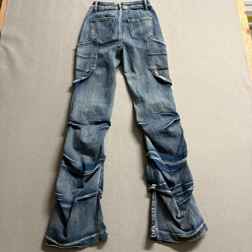 Unbranded Stacked Flare Jeans Womens XS Blue Denim High Rise Ruched Cargo Pocket