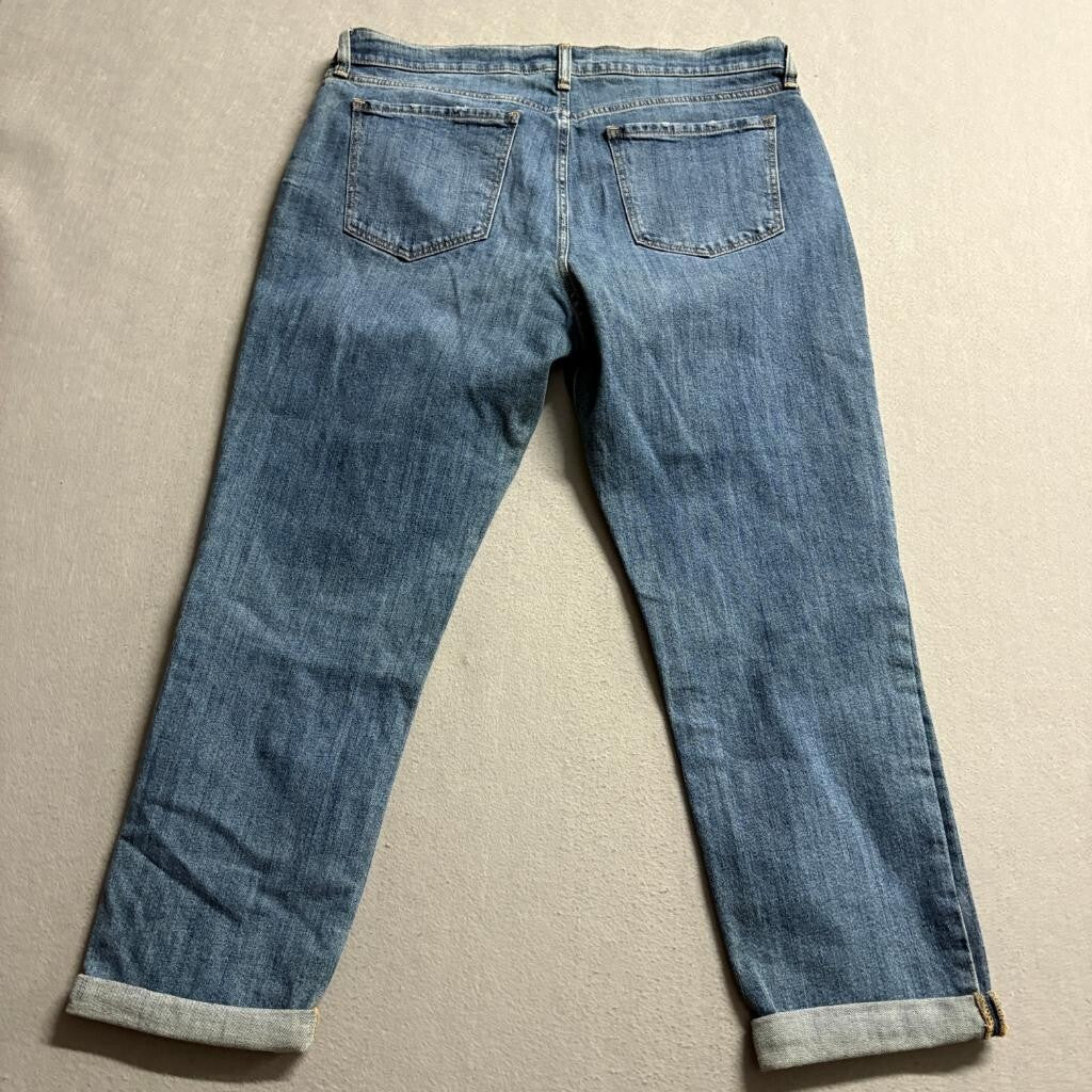Old Navy Boyfriend Mid Rise Jeans Womens 12 Blue Distressed Patchwork Cuff Denim