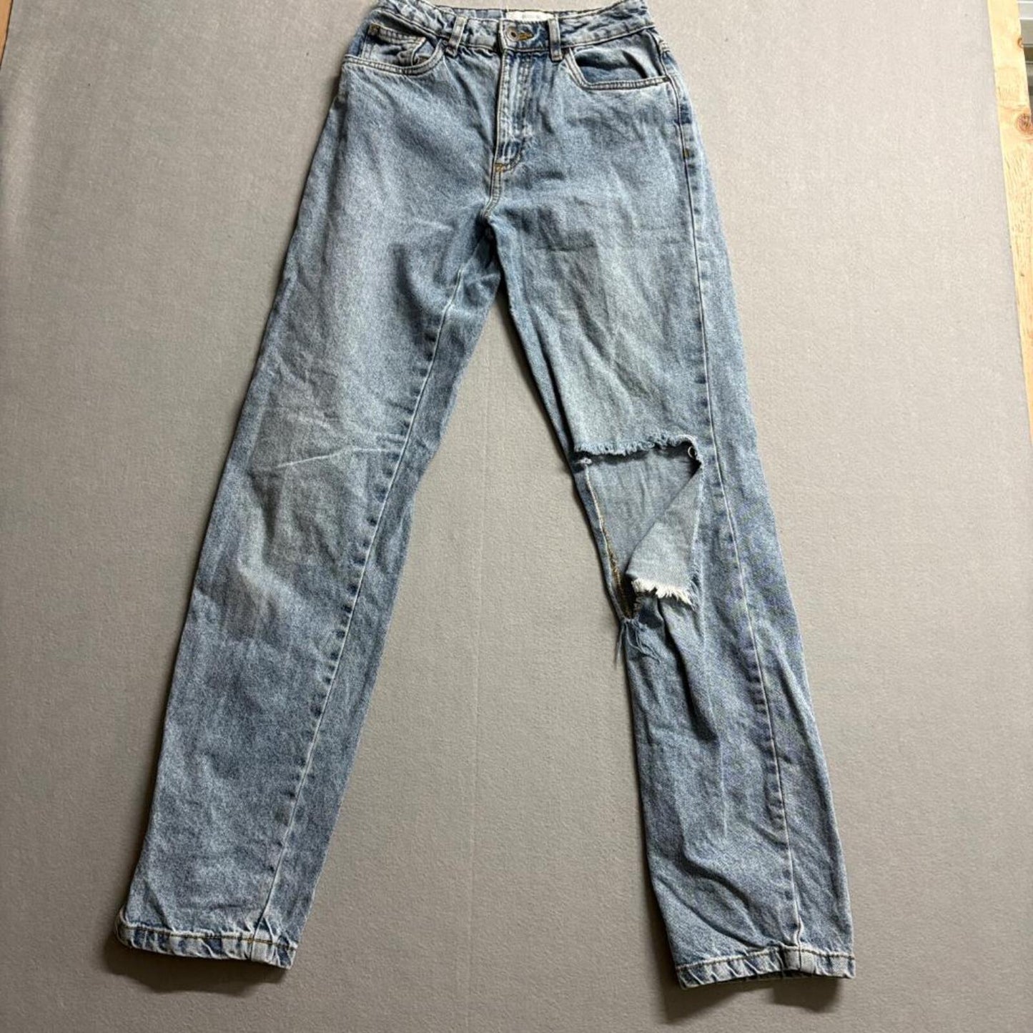 Cotton On Long Straight Leg Jeans Womens US 4 Blue Acid Wash Distressed Ripped