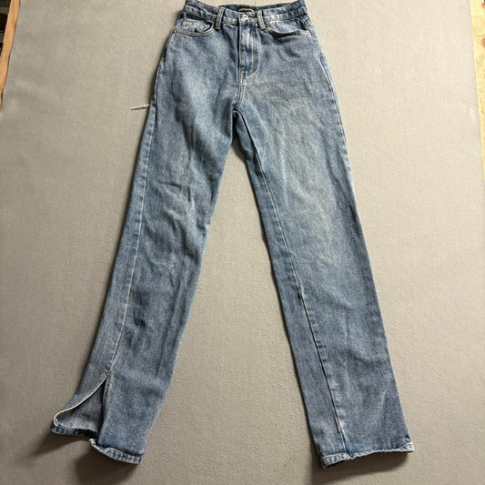 PrettyLittleThing High Rise Straight Leg Jeans Womens US 2 Blue Split Hem Ripped