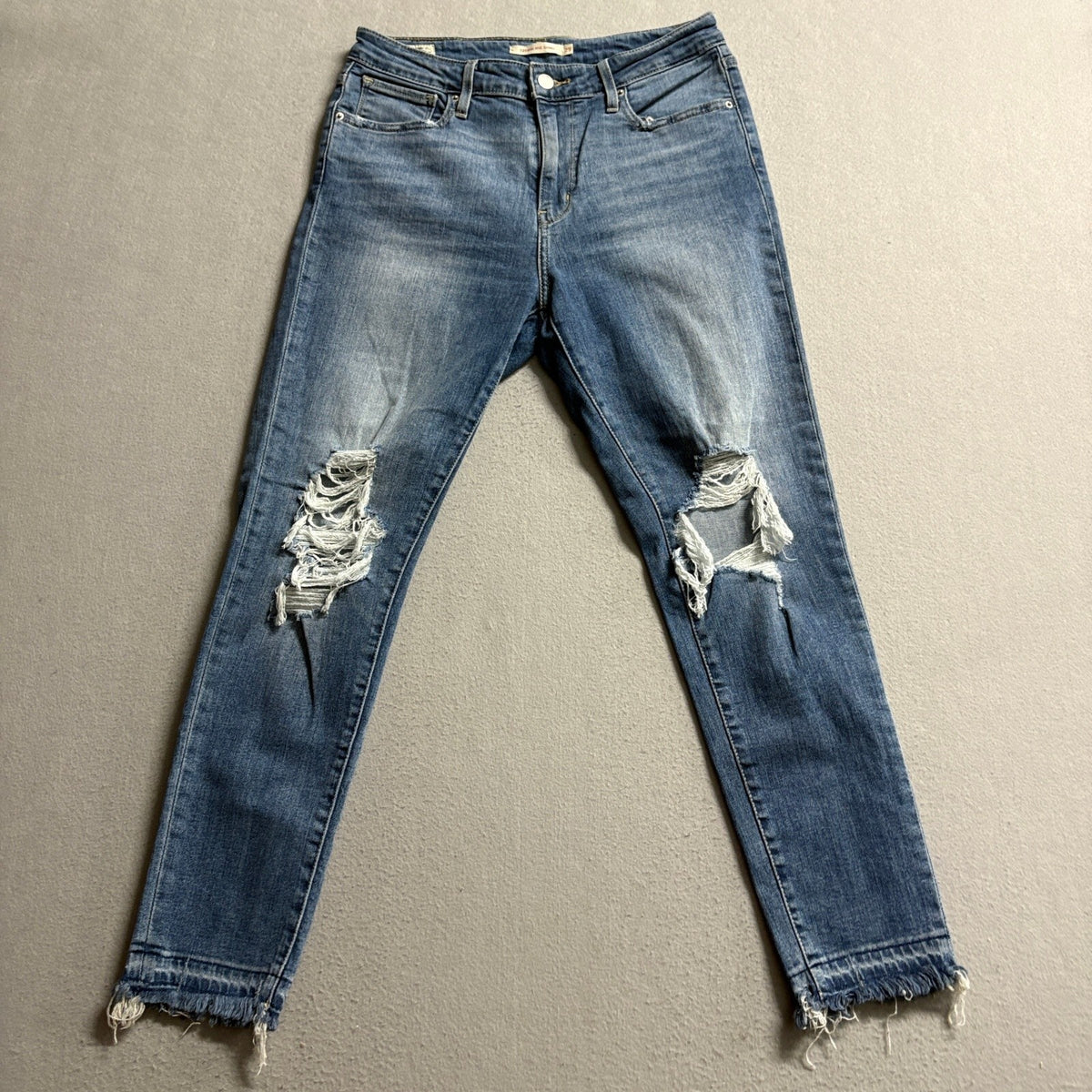 Levis Premium 721 High Rise Skinny Jeans Womens 29 Distressed Raw Hem Blue Denim