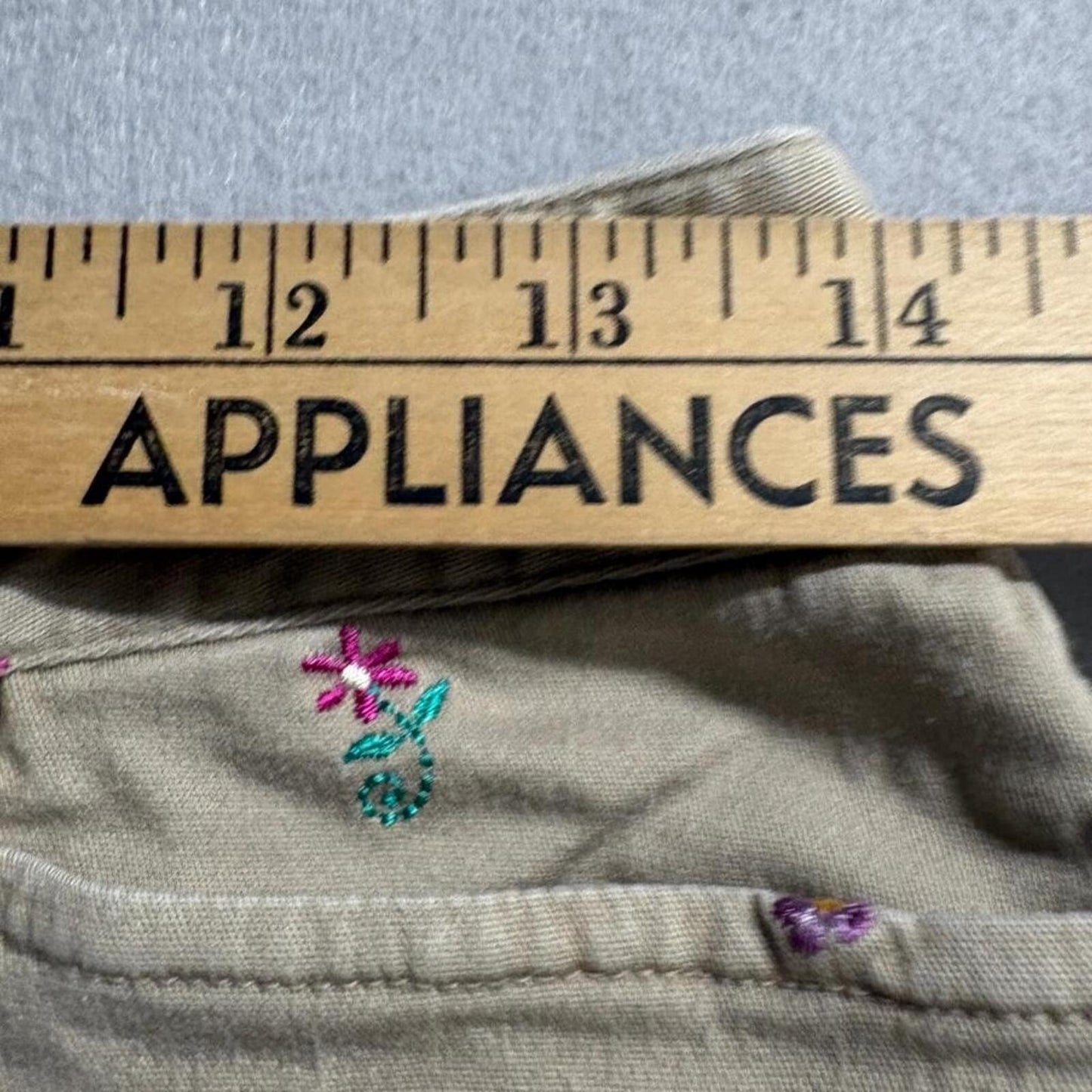 Rafaella Petites Embroidered Floral Khaki Pants Womens 8P Beige Cotton Stretch