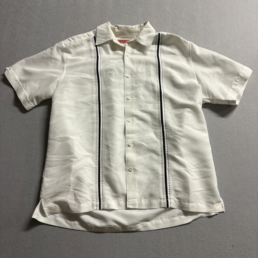 Havanera Guayabera Shirt Mens Medium White Rayon Blend Short Sleeve Cuban Camp