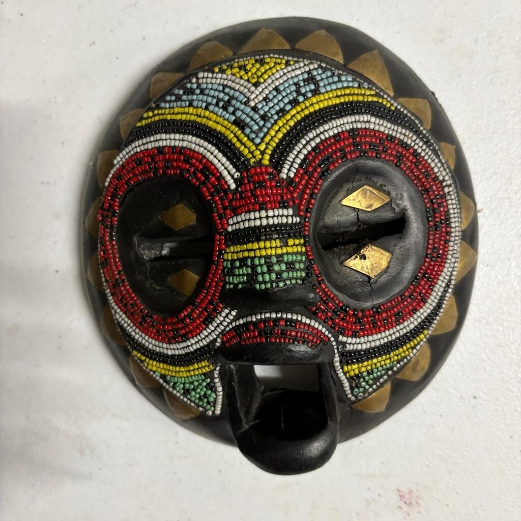 African Beaded Wood Mask Hand Carved Round Tribal Wall Hanging Brass Accents 7in