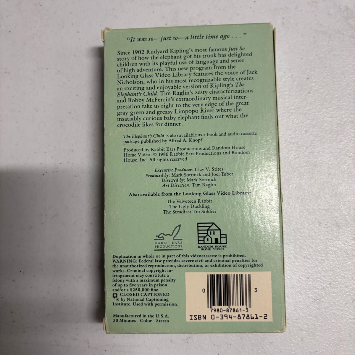 The Elephant's Child VHS Jack Nicholson Bobby McFerrin Rudyard Kipling 1986