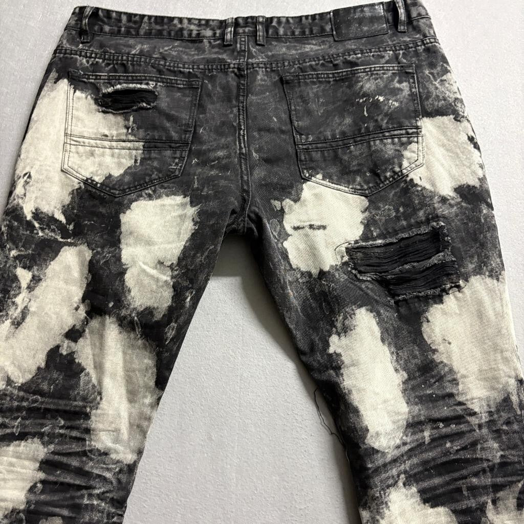 Smoke Rise Mens Distressed Bleach Splatter Jeans Black White Size 40x30