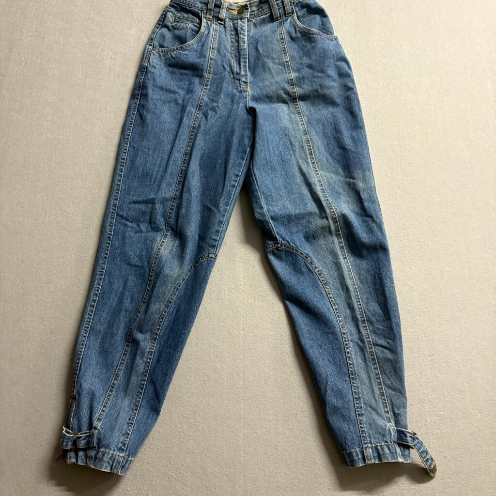 Vintage QPS Jeans Womens 4 Petite Blue Denim High Rise Tapered Leg Ankle Strap