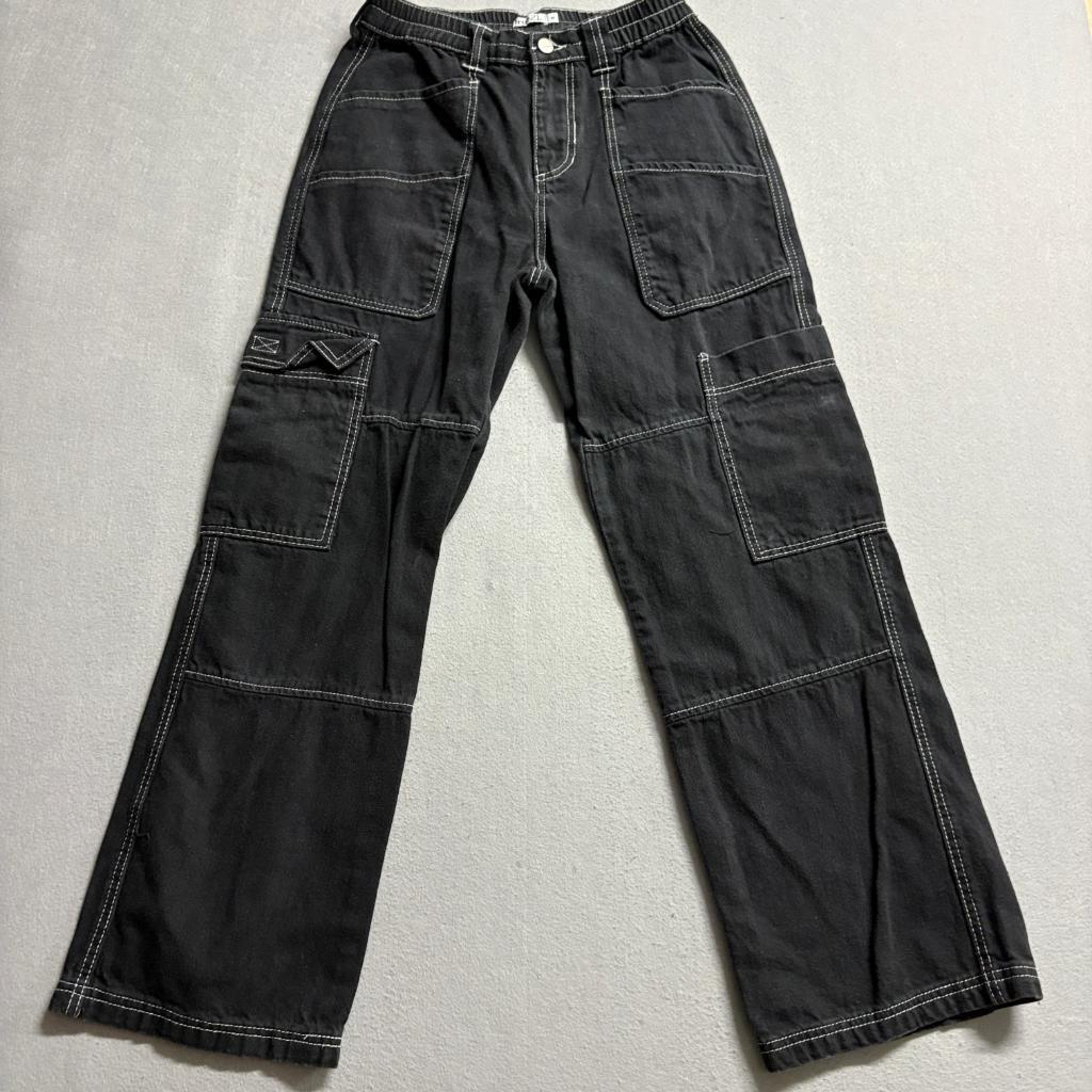 Rue21 Womens Cargo Pants Medium Black Contrast Stitch Elastic Waist Utility Y2K