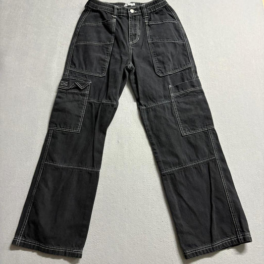 Rue21 Womens Cargo Pants Medium Black Contrast Stitch Elastic Waist Utility Y2K