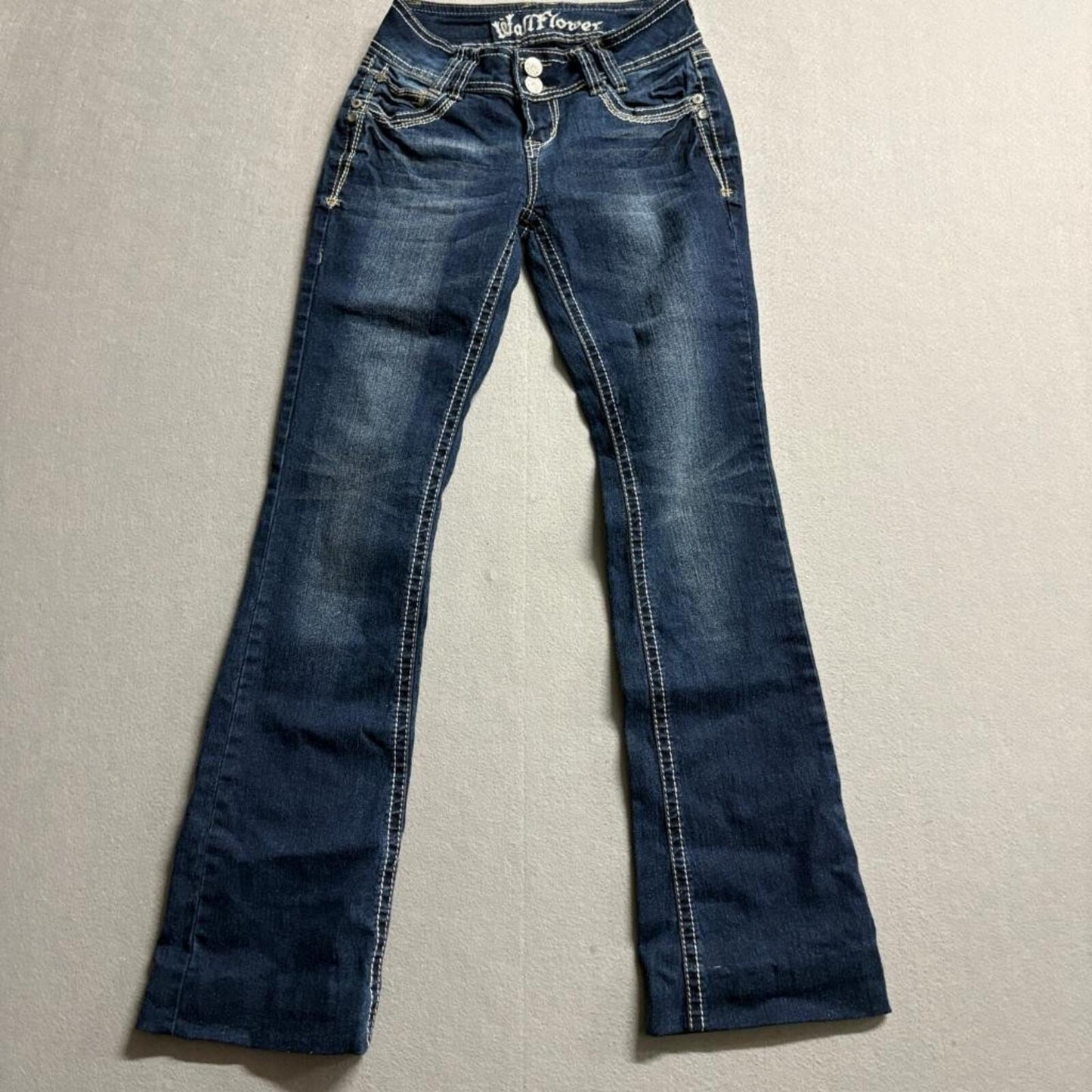 WallFlower Jeans Womens Size 0 Blue Denim Bootcut Thick Stitch Flap Pocket