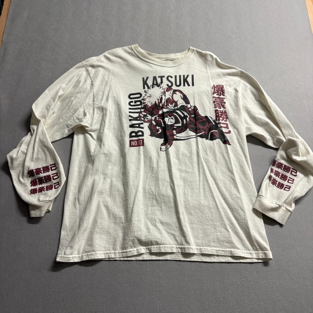 My Hero Academia Katsuki Bakugo Long Sleeve Shirt Mens XL Cream Graphic Tee