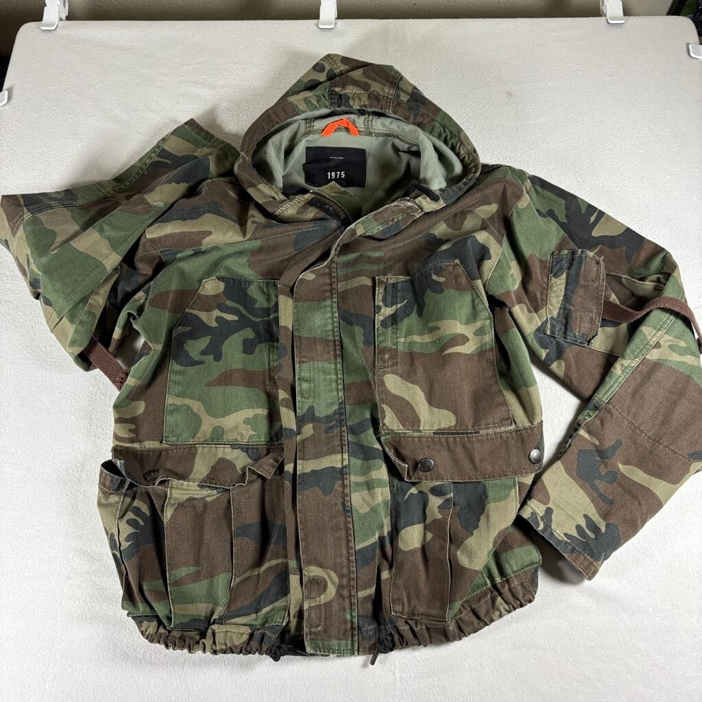 Zara 1975 Camouflage Hooded Field Jacket Mens Small Green Woodland Camo Utility
