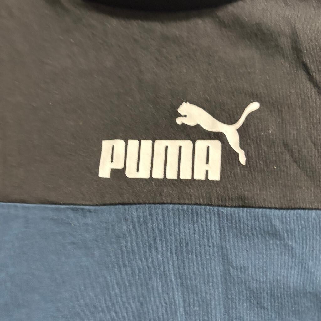 Puma T-Shirt Mens Medium Blue Black Orange Colorblock Graphic Logo Tee