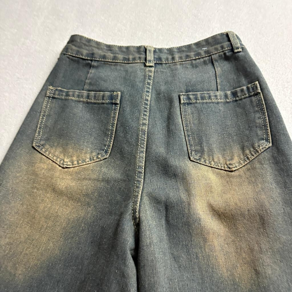 Unbranded Distressed Patchwork Wide Leg Jeans Womens Size S Gray Denim Fringe