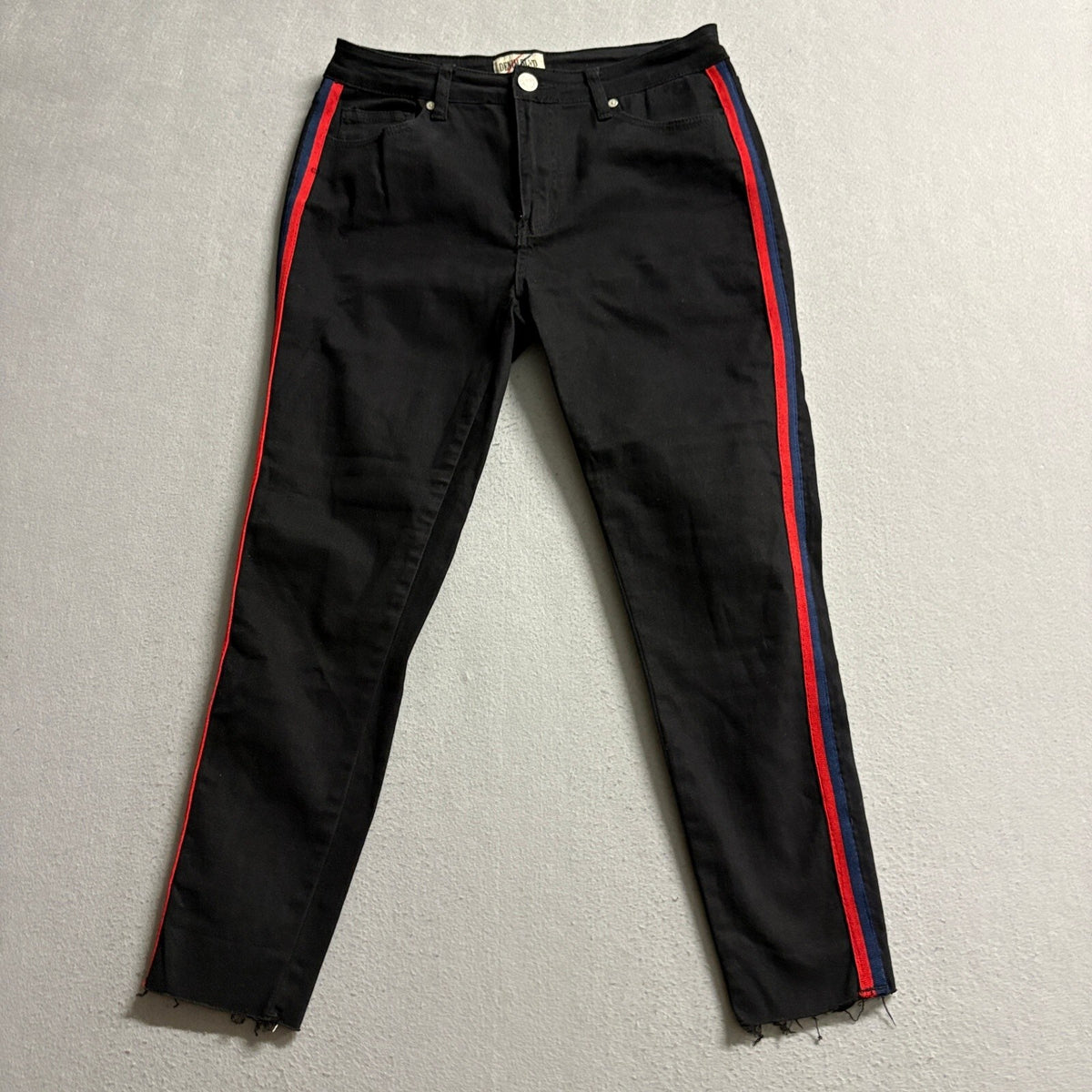 Denim Blvd Los Angeles Womens Jeans Size 11 Black Red Blue Side Stripe Raw Hem