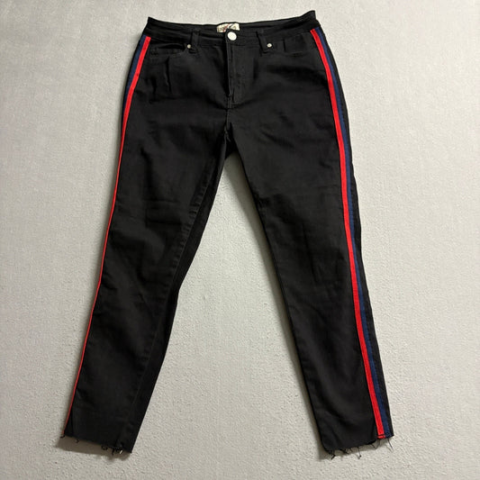 Denim Blvd Los Angeles Womens Jeans Size 11 Black Red Blue Side Stripe Raw Hem