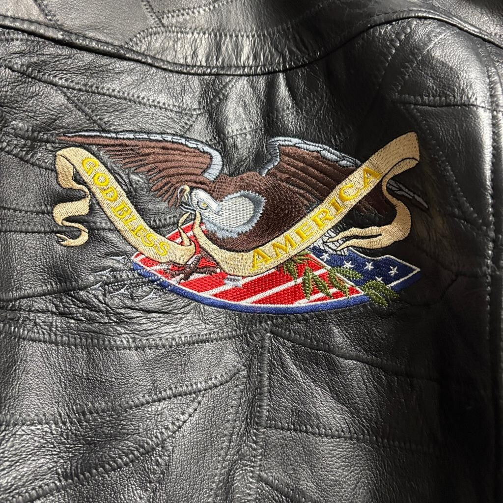 Vintage Patchwork Leather Motorcycle Jacket Mens XL Black Belted Biker Punk