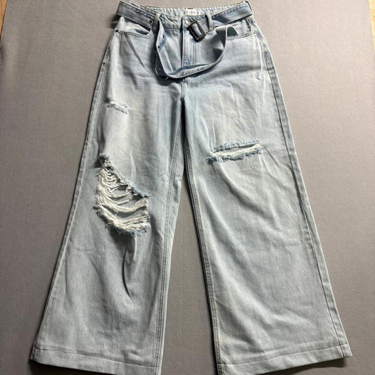 Cello Jeans Womens Size 9 Light Wash Distressed Wide Leg Denim Belted High Rise