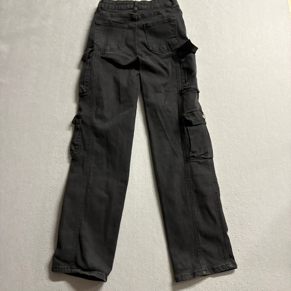 Between Us Womens Cargo Jeans Size 3 Black High Rise Multi Pocket Utility Denim