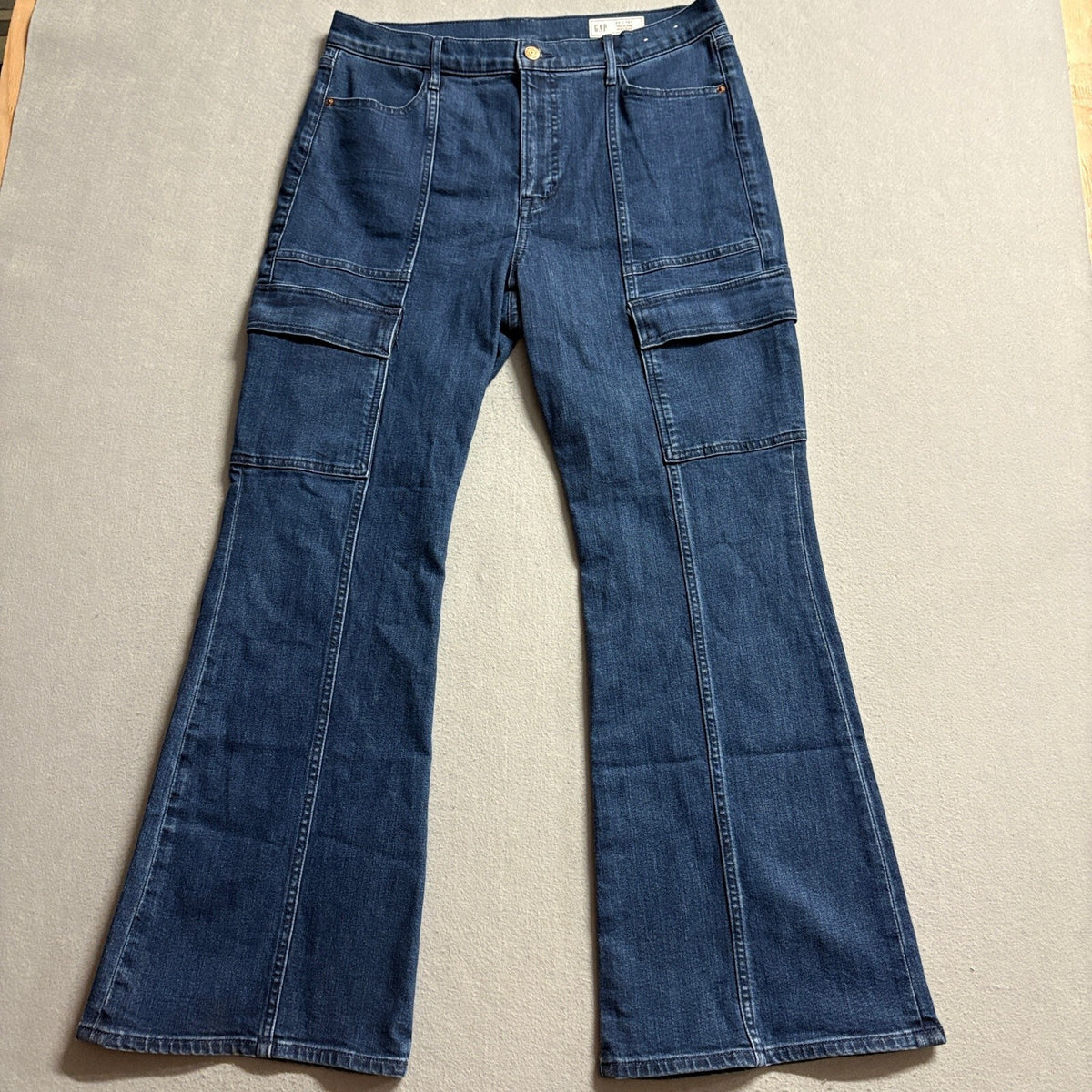 Gap 70s Flare High Rise Cargo Jeans Womens Size 32 14 Short Blue Stretch Denim