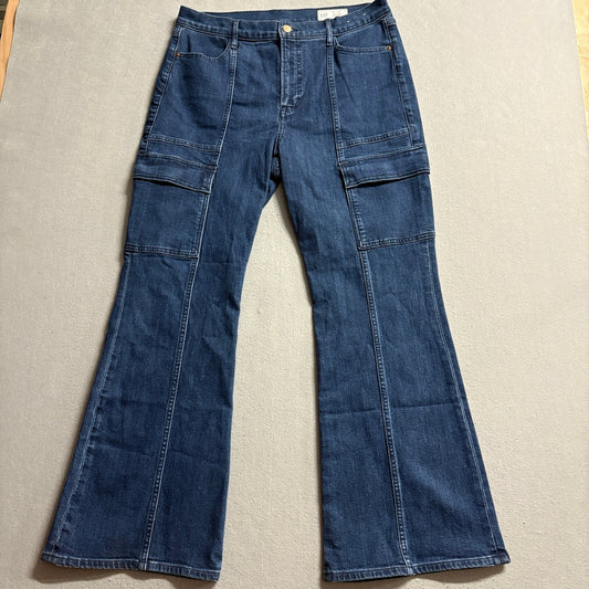 Gap 70s Flare High Rise Cargo Jeans Womens Size 32 14 Short Blue Stretch Denim