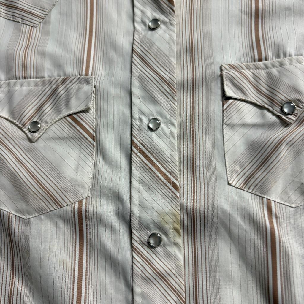Vintage 70s Western Pearl Snap Shirt Mens Medium Beige Brown Stripe Made in USA