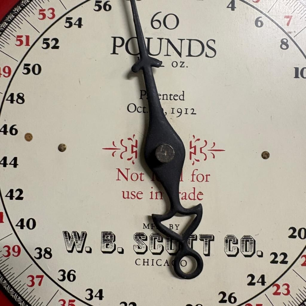 Vintage W B Scott Co Chicago 60 Lb Hanging Scale Red Metal Scoop Pan Pat 1912