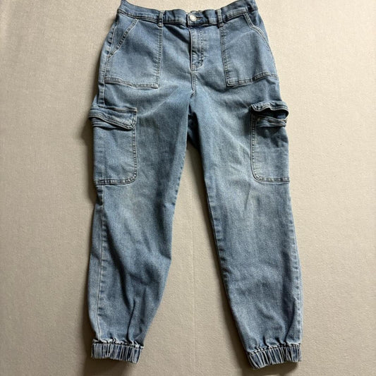 SO Womens High Rise Cargo Jogger Jeans Size L Blue Denim Elastic Cuff Stretch 31