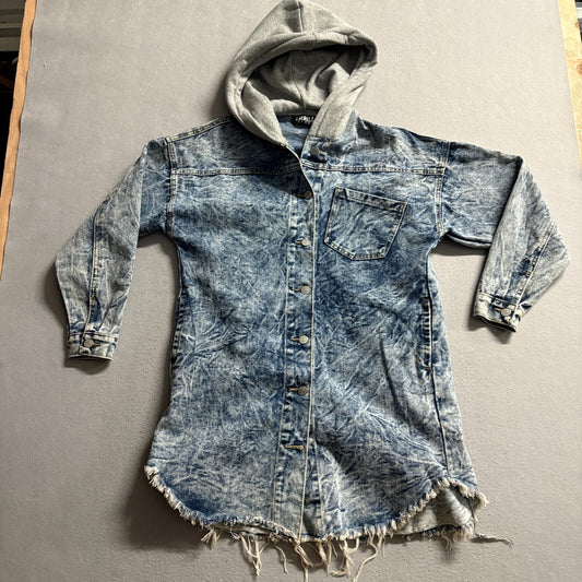 Thrill Jeans Denim Jacket Womens Small Acid Wash Distressed Hooded Shacket Coat