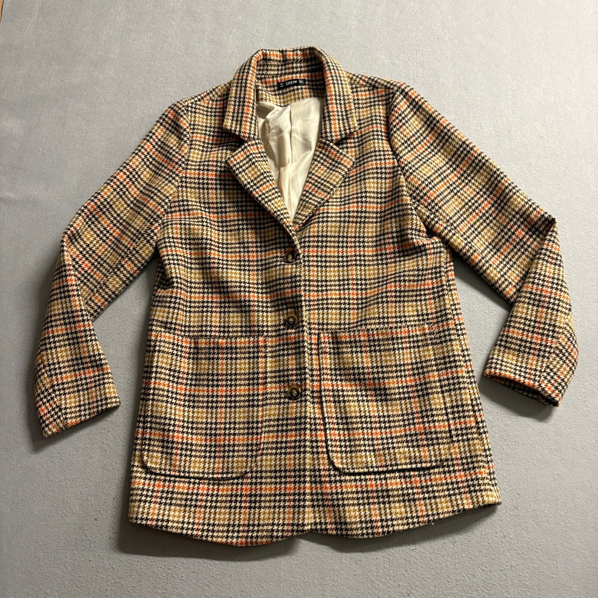 Shein Plaid Blazer Jacket Womens Small Brown Orange Houndstooth Tweed Style Coat