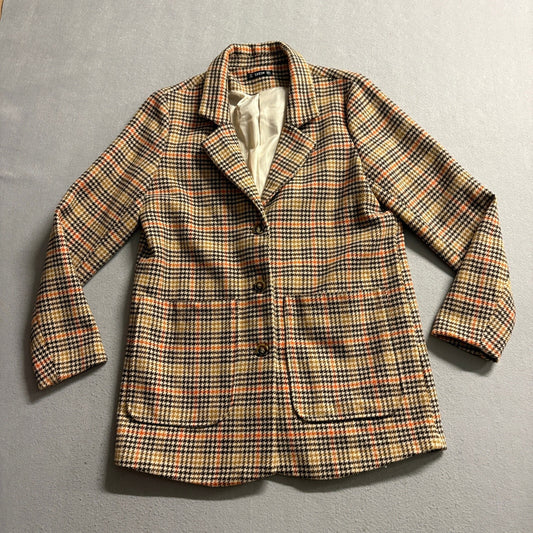 Shein Plaid Blazer Jacket Womens Small Brown Orange Houndstooth Tweed Style Coat
