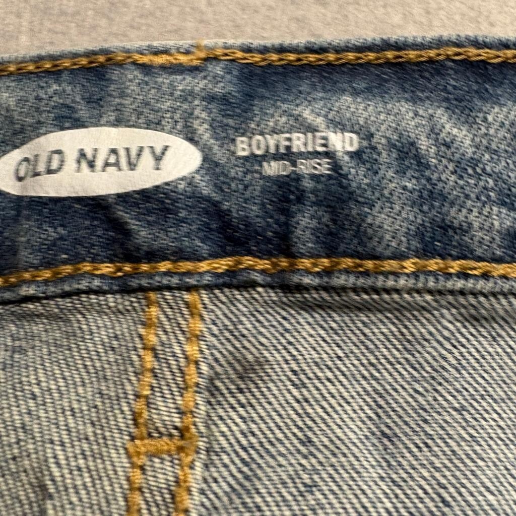 Old Navy Boyfriend Mid Rise Jeans Womens 12 Blue Distressed Patchwork Cuff Denim