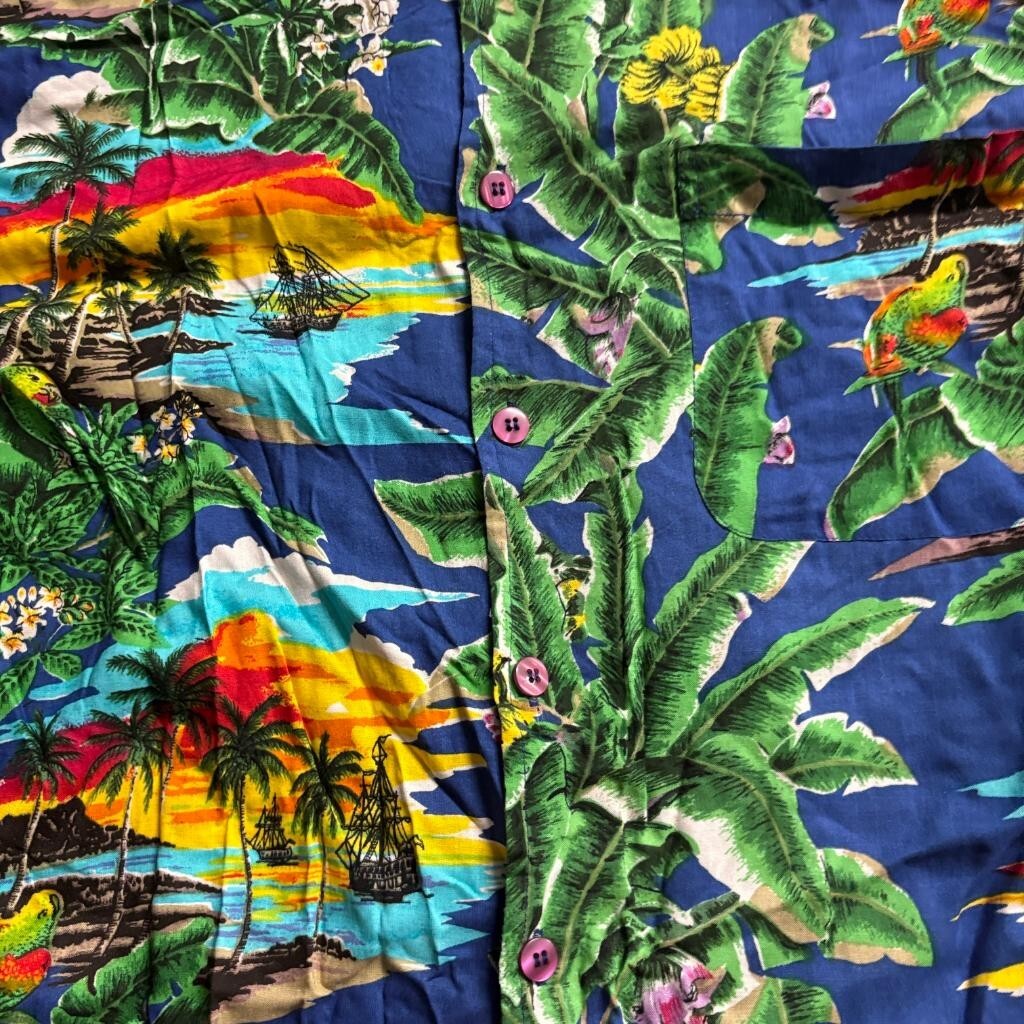 Sunset Highway Hawaiian Shirt Mens XL Blue Rayon Tropical Parrot Sunset Beach