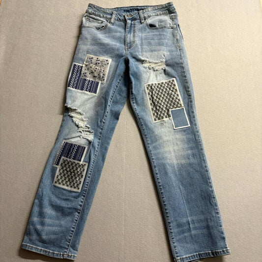 Rue21 Premium Relaxed Fit Jeans Womens 30x30 Blue Distressed Patchwork Denim