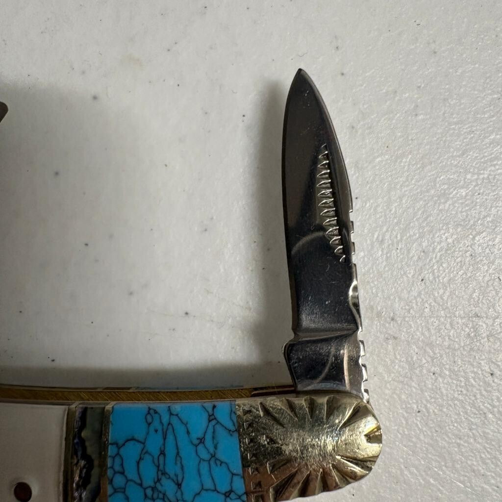 Silverhorse Stoneworks 3 Blade Pocket Knife Turquoise Abalone Pearl Horse Head